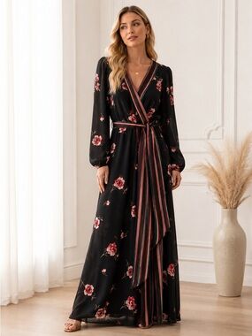 NWT Highline Collective Black Floral Wrap Maxi Dress Small MSRP $129